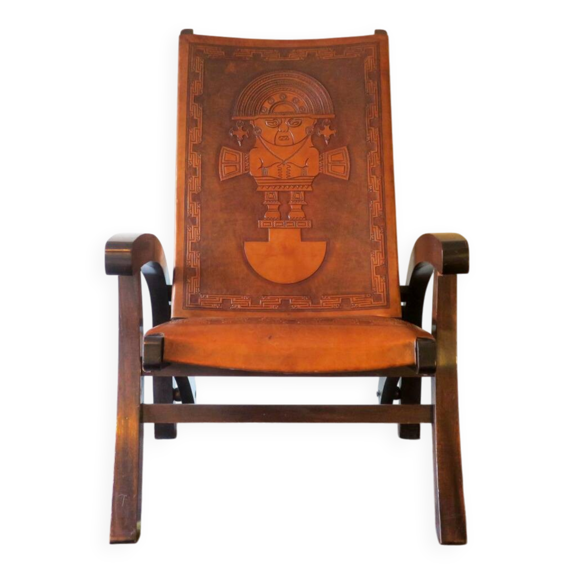 Inca design tooled leather armchair by Angel Pazmino, Ecuador 1970s