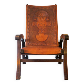Fauteuil en cuir façonné de style Inca par Angel Pazmino, Équateur, années 1970