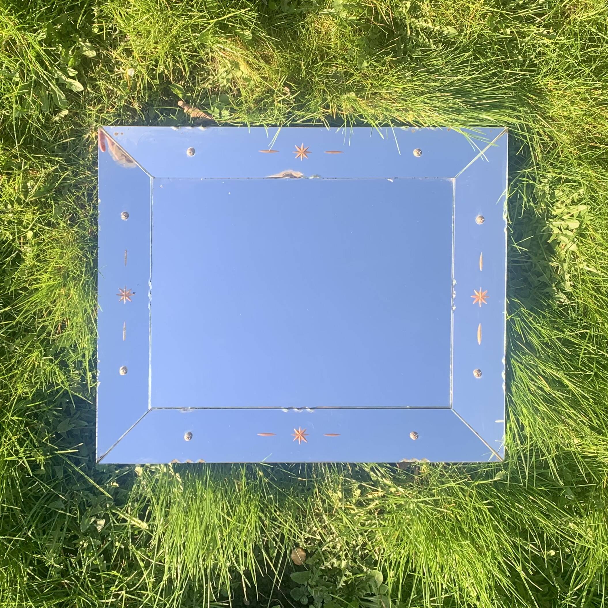 Rectangular Art Deco wall mirror inlaid and chiseled on wood