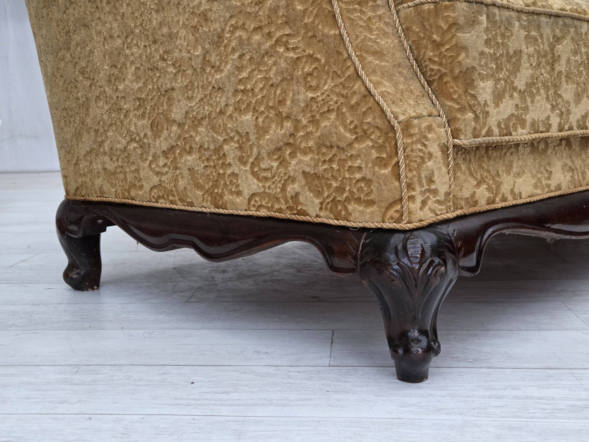 1950s, Danish 3-seater sofa, furniture velour, carved oak wood.