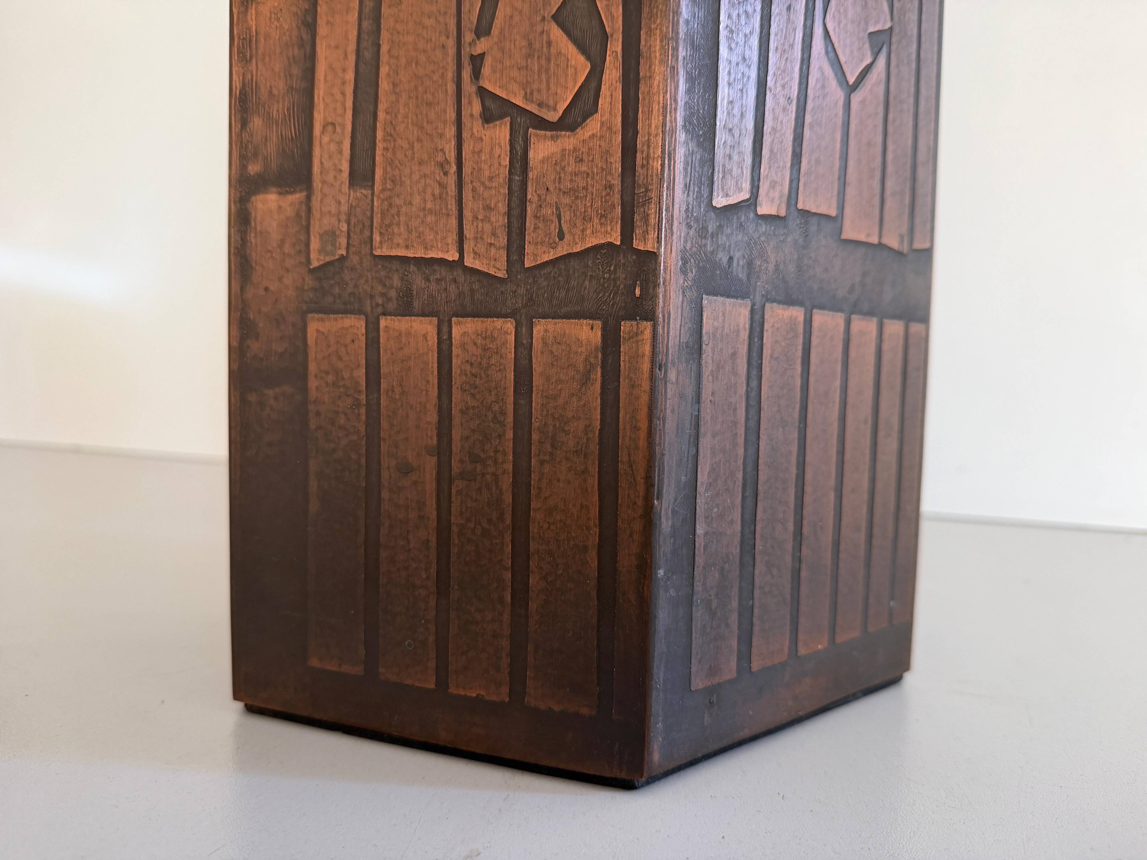 Hexagonal copper umbrella stand signed by the artist, 1960s, Italy.