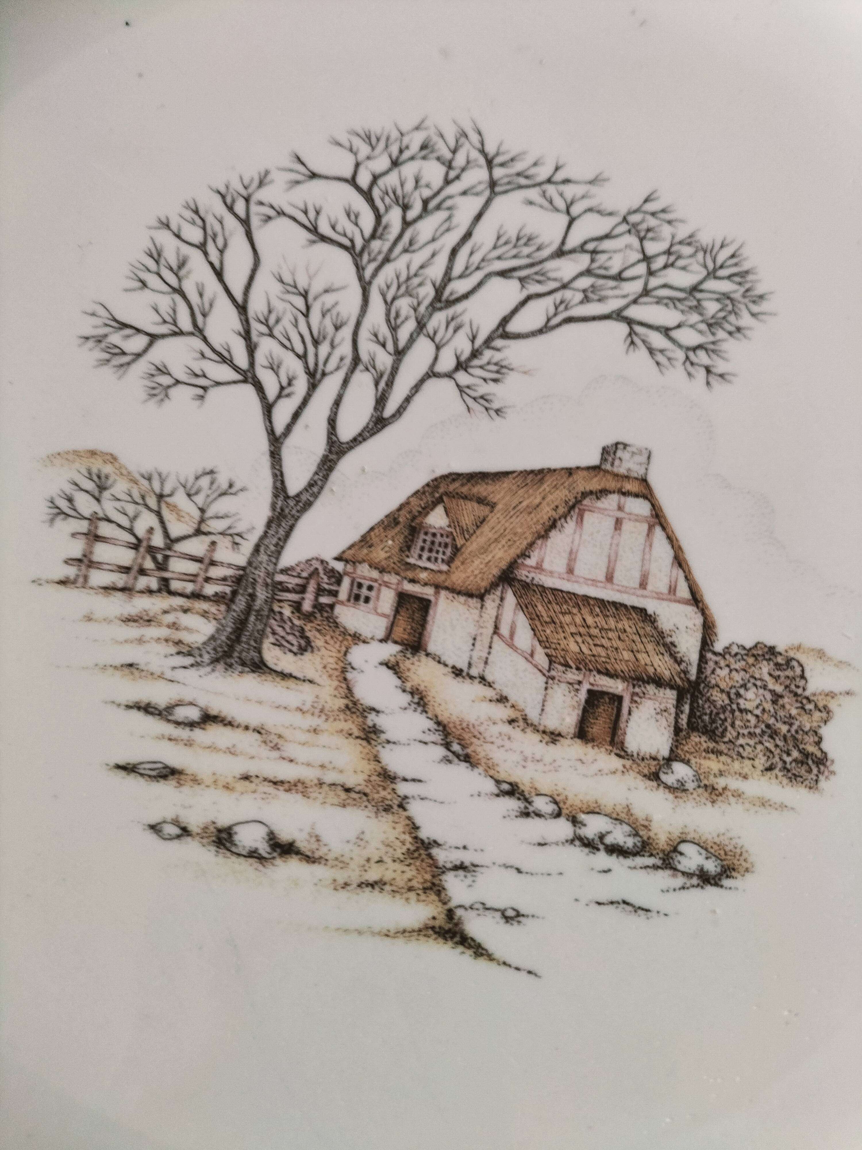 Large vintage Italian earthenware platter with cottage decoration – 1950s-1970s