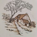 Large vintage Italian earthenware platter with cottage decoration – 1950s-1970s