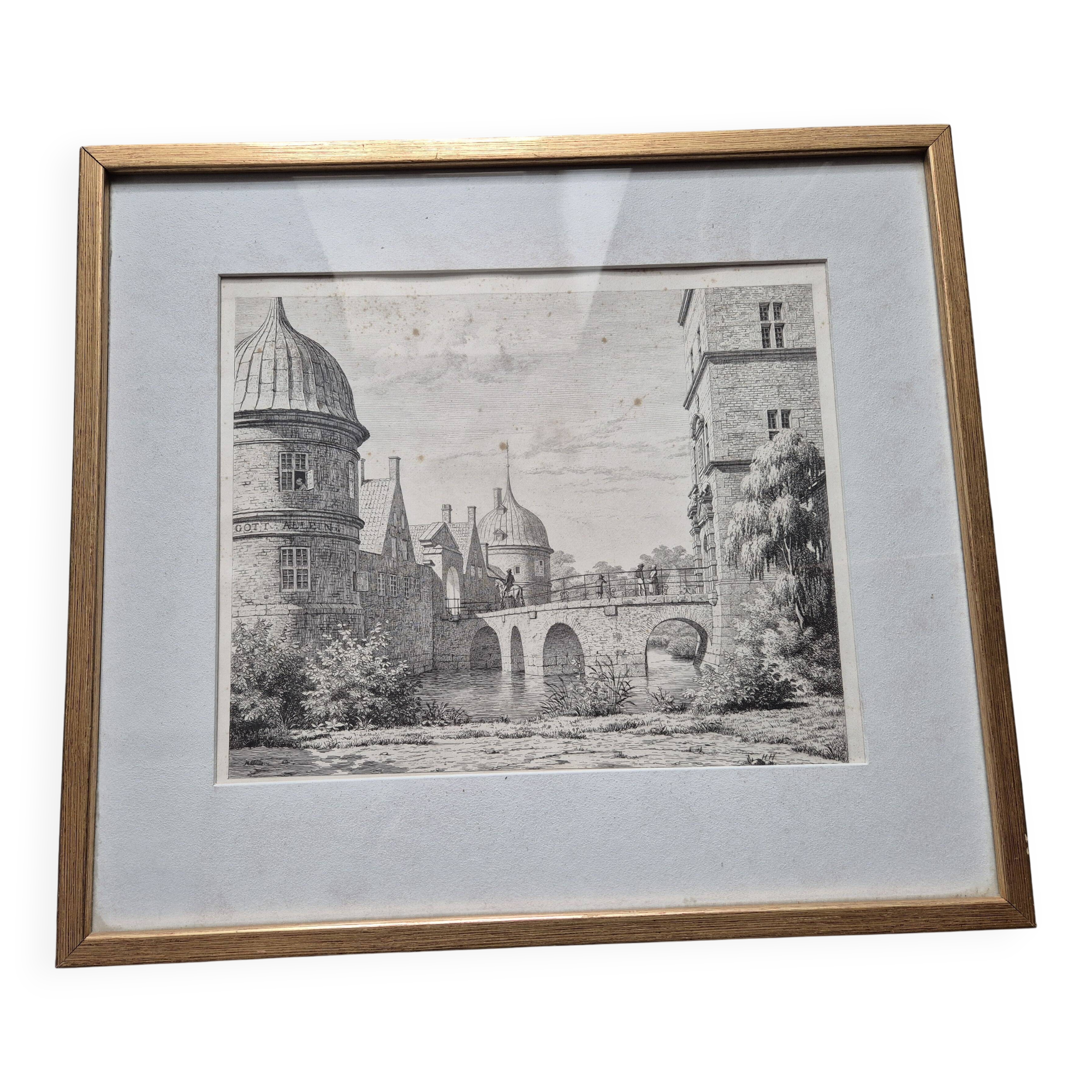 Etching The bridge of Frederiksborg Castle – The bridge at Frederiksborg Castle