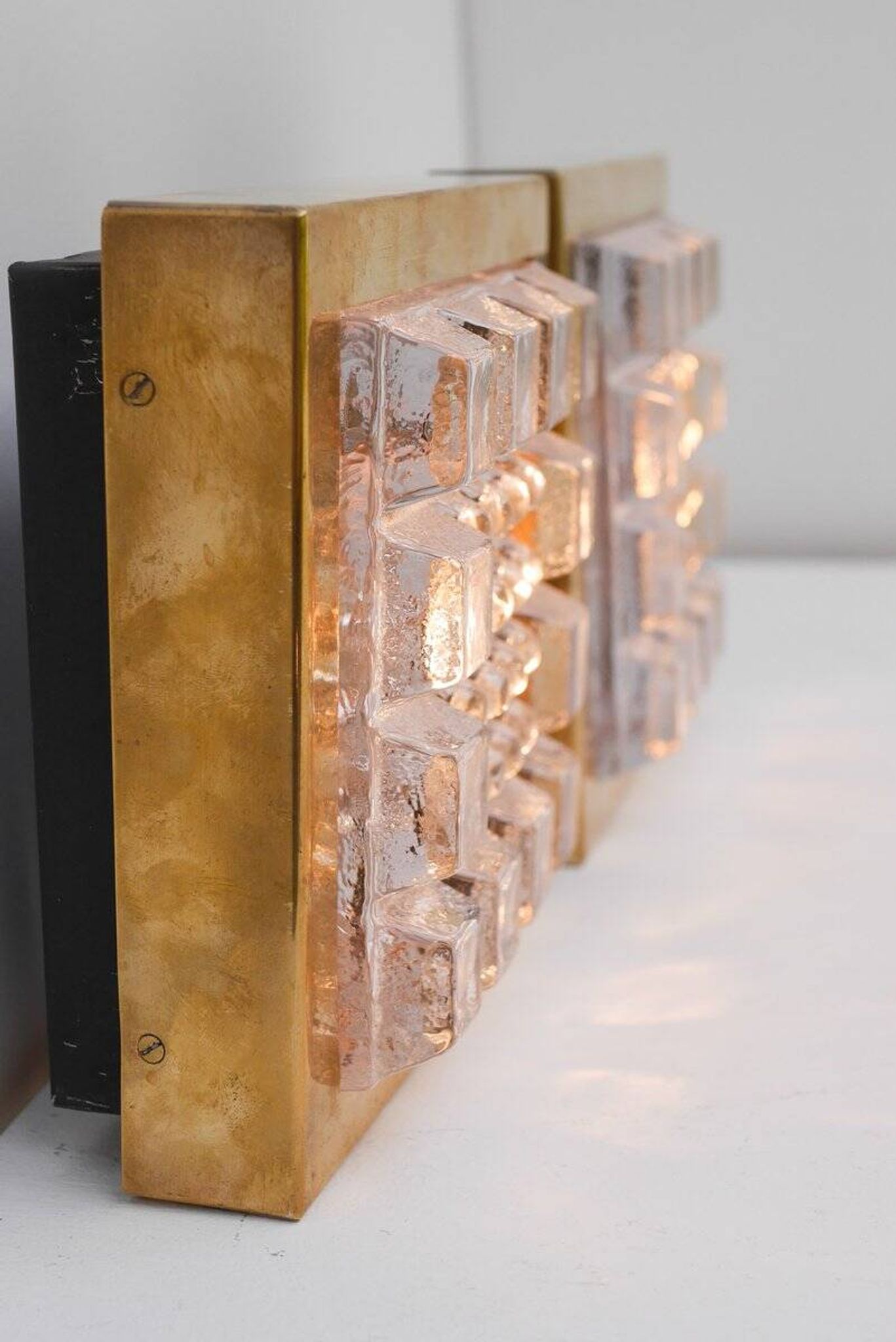 Swedish brutalist glass and brass wall lamps from Falkenbergs Belysning, set of 2