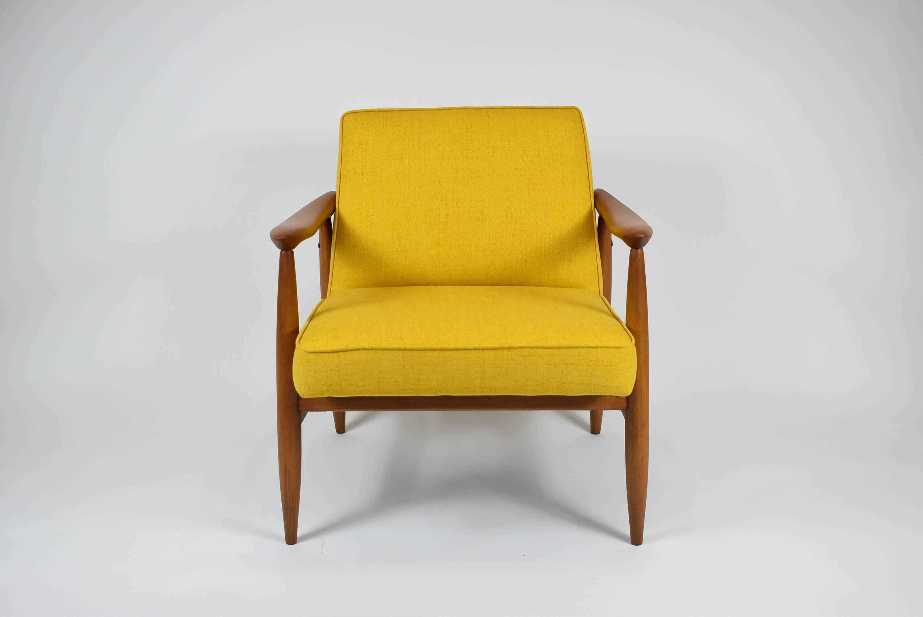 Vintage original armchair , 1960s, fully restored, yellow fabric, teak