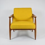 Vintage original armchair , 1960s, fully restored, yellow fabric, teak