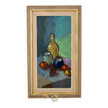 Huile sur toile originale suédoise du milieu du siècle des années 1960 « Nature morte aux bouteilles et aux fruits » par Kurt