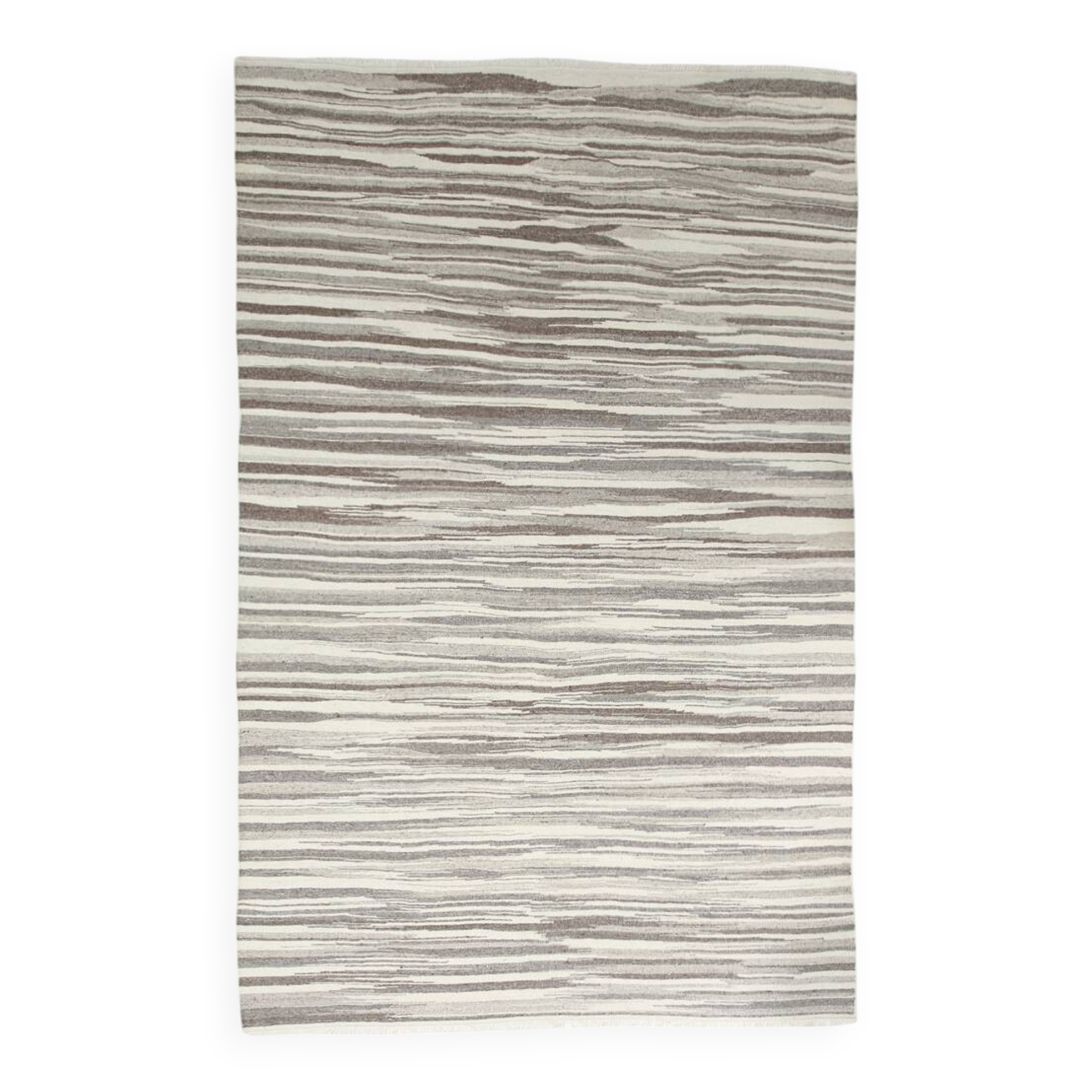 8x11 Brown Beige Minimalist Handmade Wool Kilim Rug, 226x350Cm