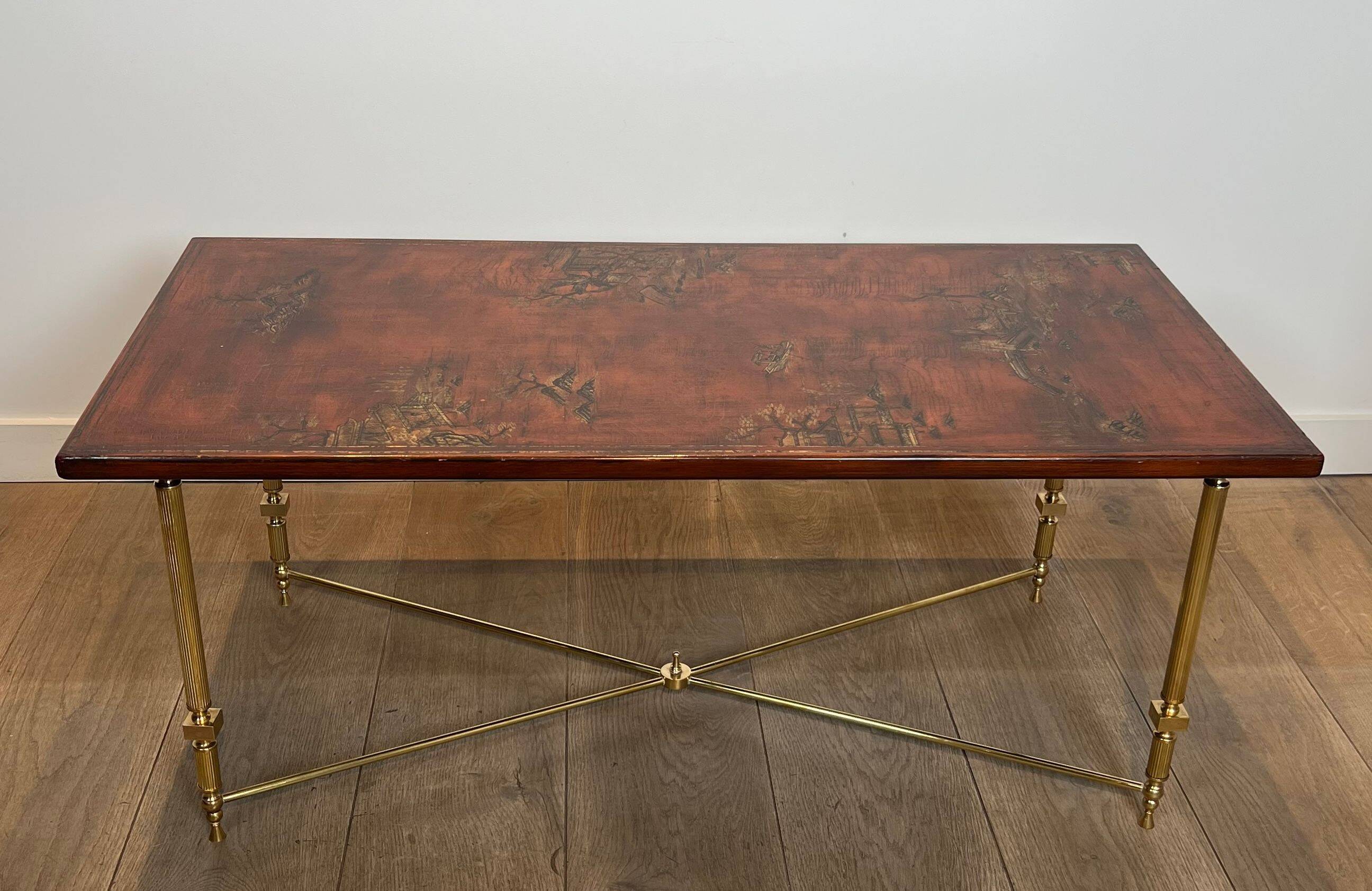 Neoclassical style brass coffee table with lacquered top depicting chinoiserie scenes, attributed to Maison Jansen