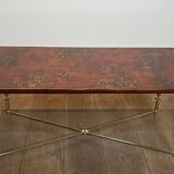 Neoclassical style brass coffee table with lacquered top depicting chinoiserie scenes, attributed to Maison Jansen