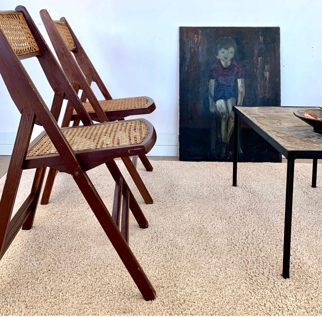 Pair of folding wooden chairs and canning