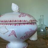 Pink ironstone soup tureen with rustic motif, floral butterflies and bees