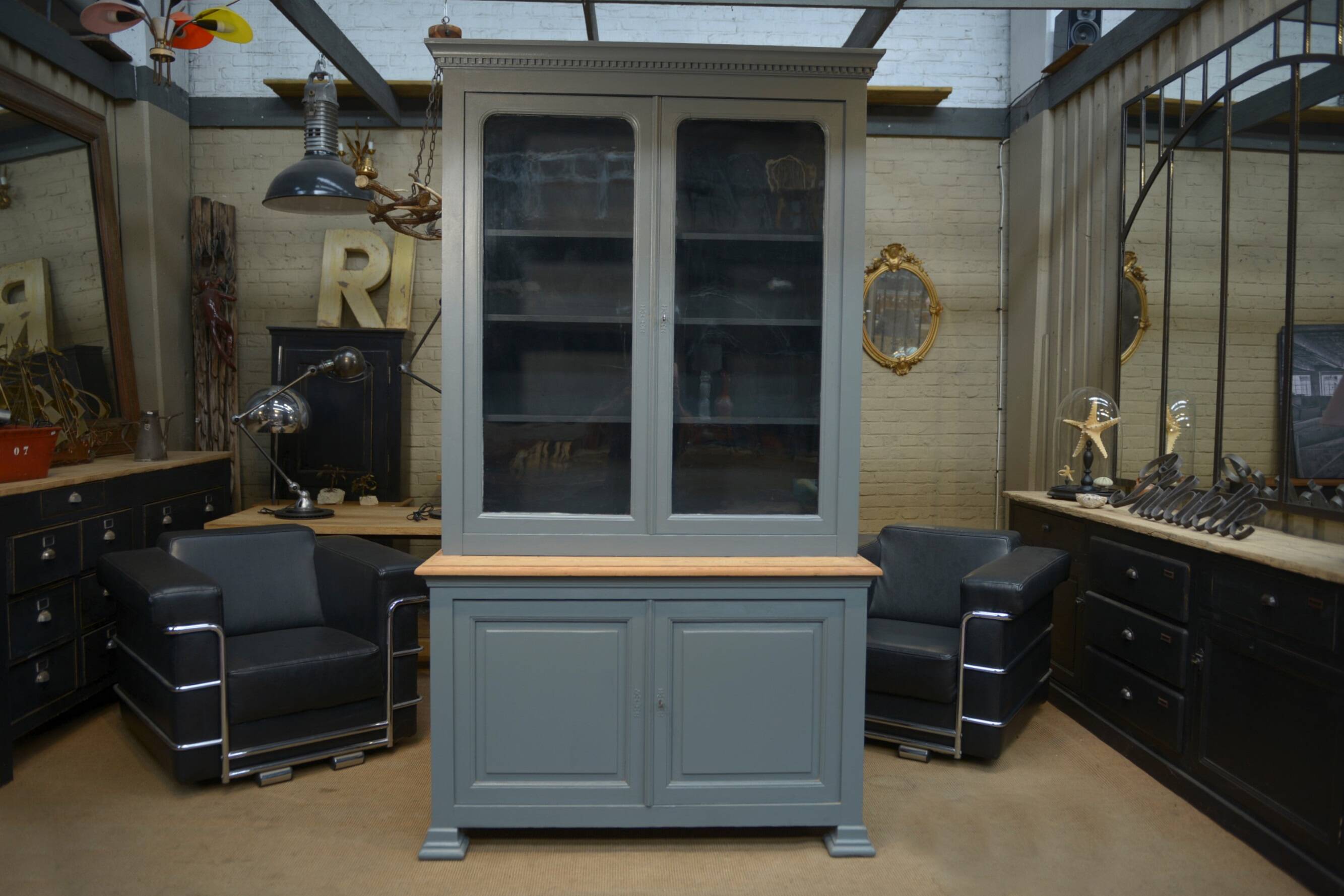 Bookcase sideboard with 2 bodies in gray patinated fir