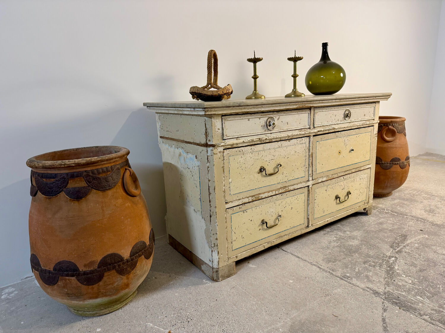 Double-sided shop counter furniture with 6 drawers, length 156 cm.