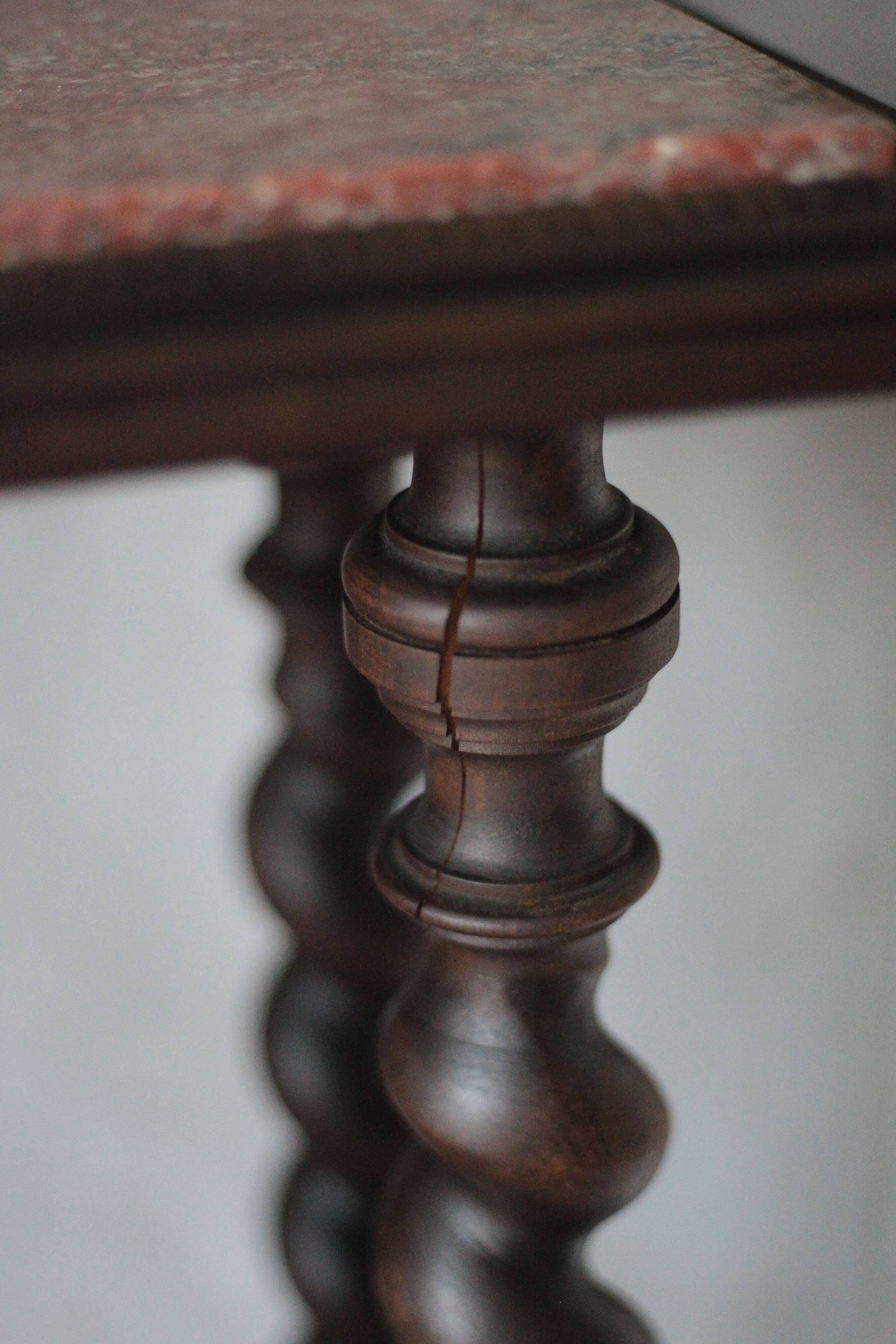 Vintage wood and marble side table, Louis XIII style turned wood pedestal table