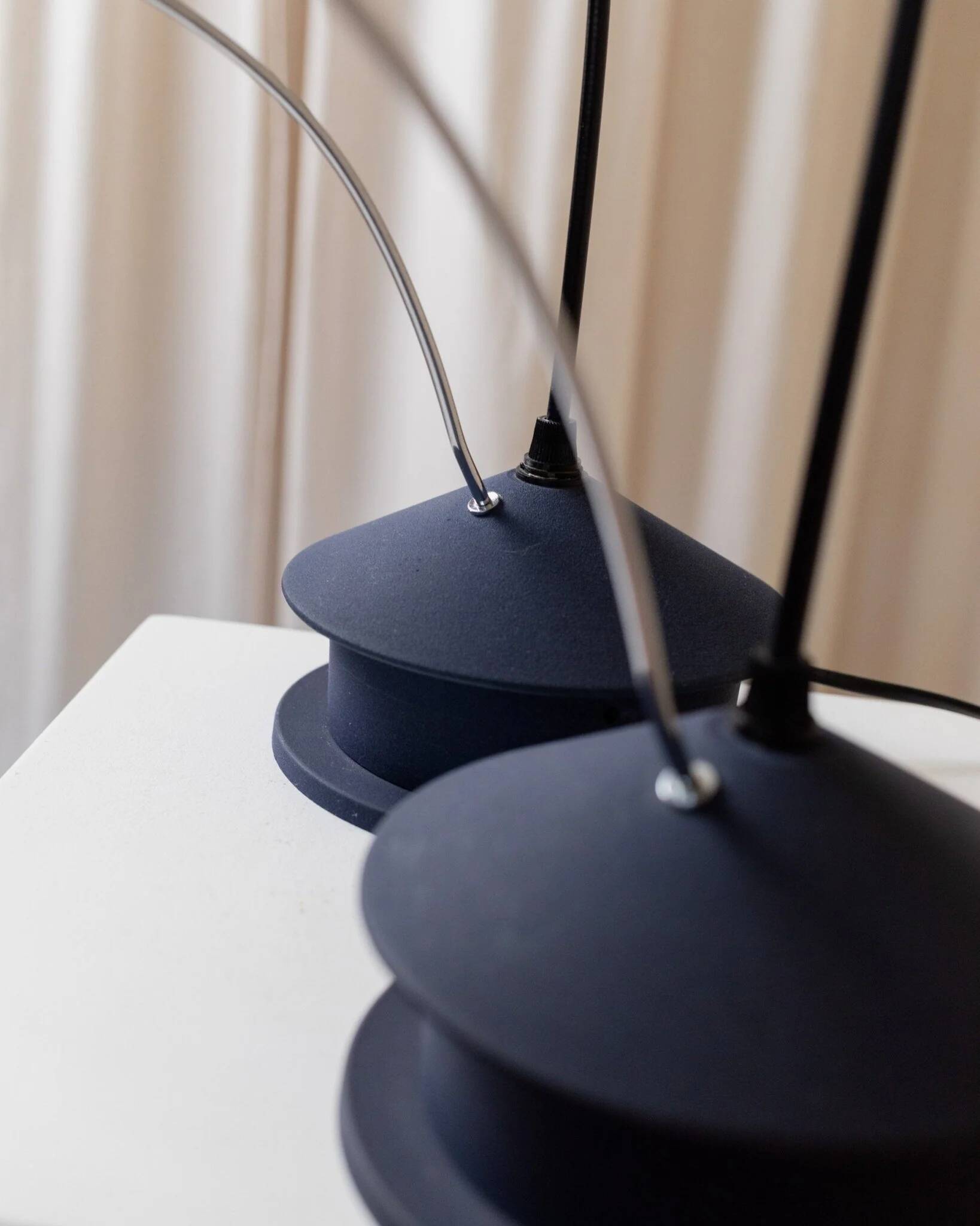 Vintage blue metal table lamp with adjustable chrome neck and white plastic origami shade, 1980s Italy