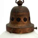 Vintage Industrial chandelier in copper and milk glass. Italy 1950s