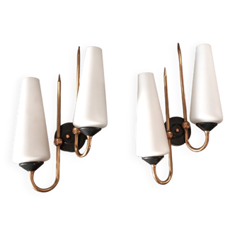 Pair of sconces in black metal and gilded brass 1960 Vintage.