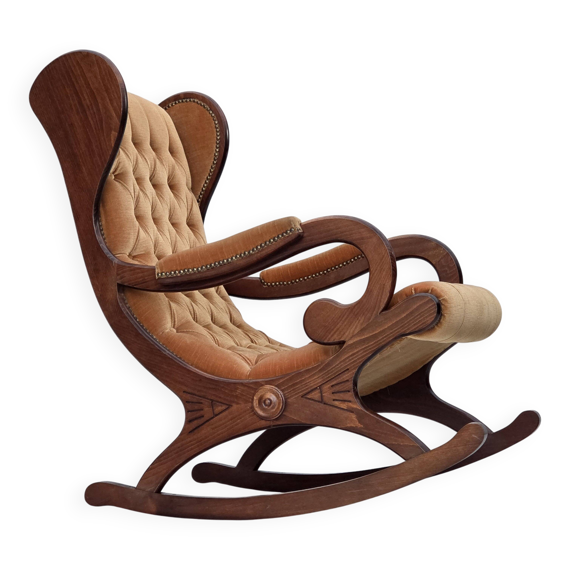 1960s, Scandinavian rocking chair, furniture velour, dark beech wood.