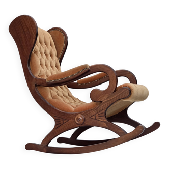 1960s, Scandinavian rocking chair, furniture velour, dark beech wood.