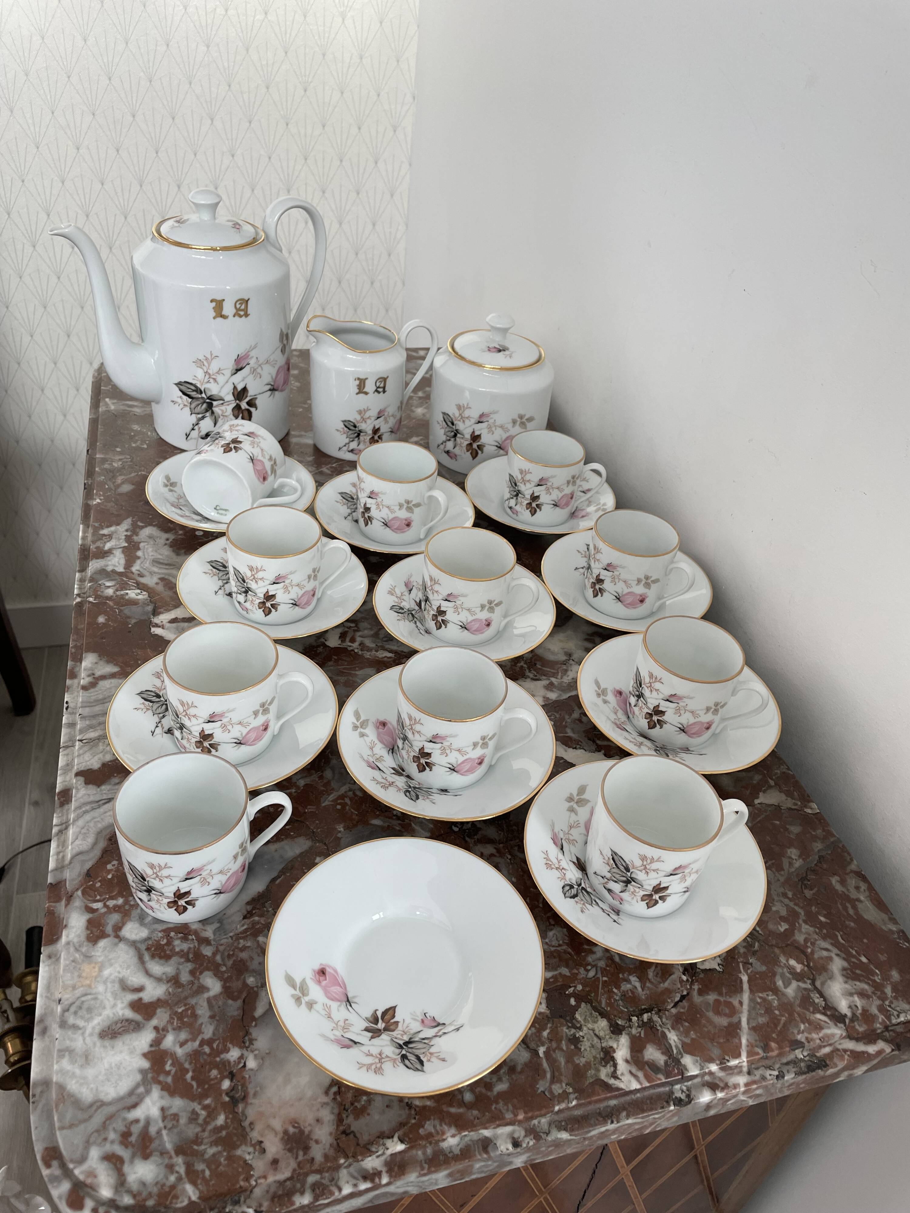 Vintage, coffee service, tea, Limoges, Flowers, cipher, 11 cups and under cups, teapot, 27 pieces
