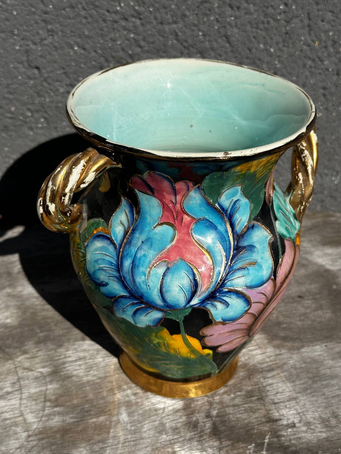 Vintage vase with floral decoration, Vallauris ceramic, 21 cm high