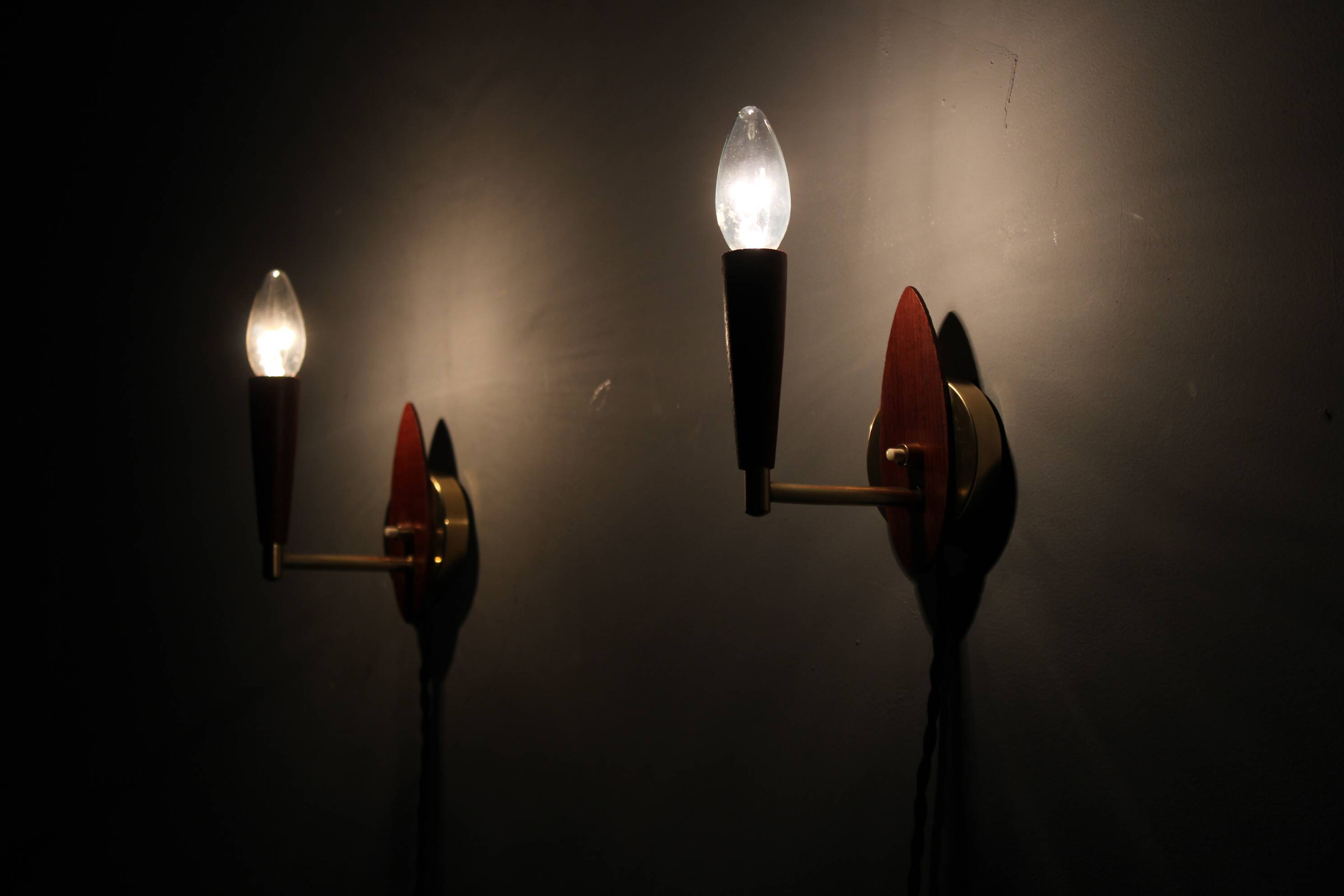 Mid-century Danish teak and brass wall lights, pair, 1960s
