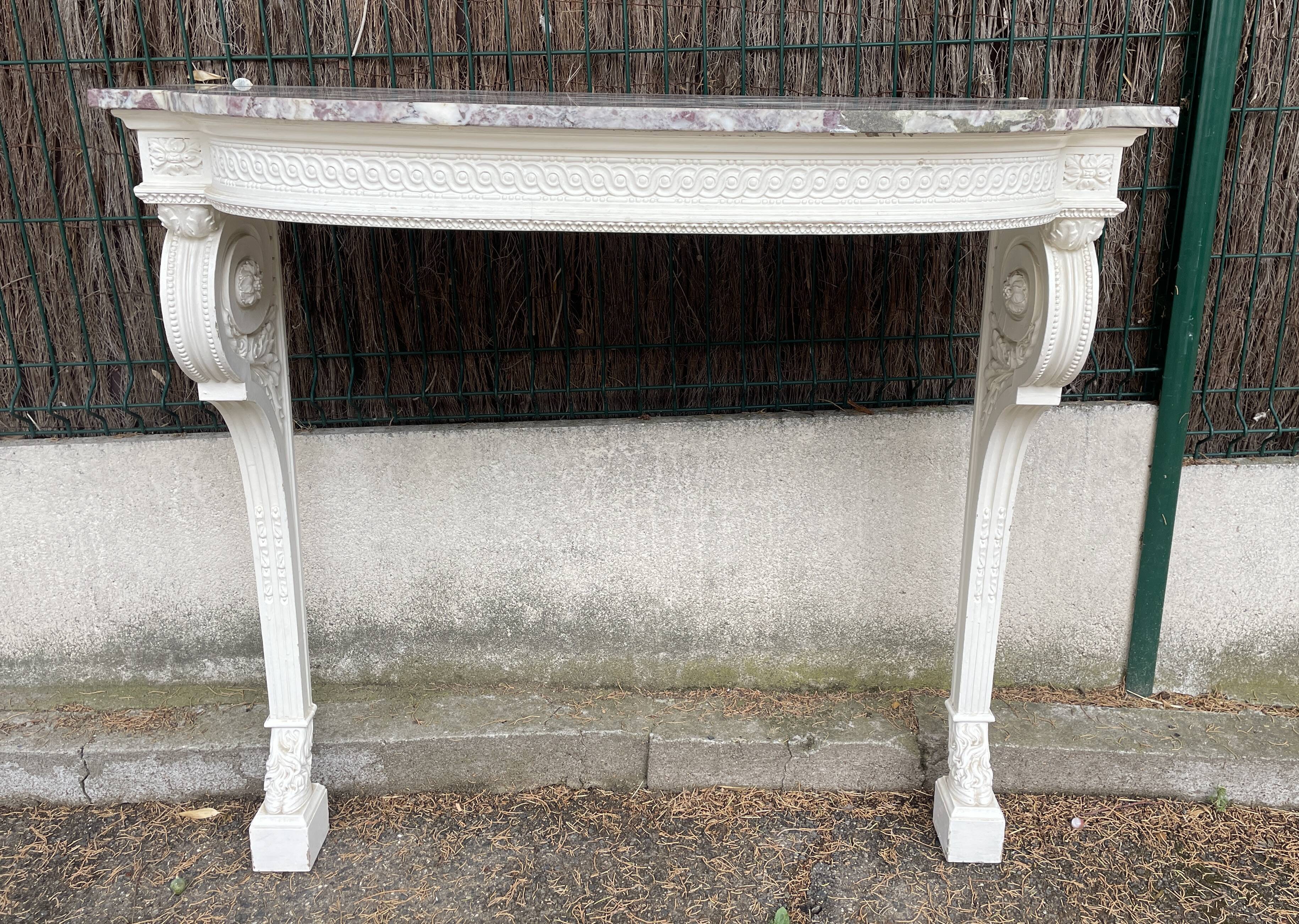 Painted wooden wall console with doe legs and interlacing. Louis XVI. Peach blossom marble