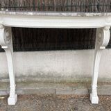 Painted wooden wall console with doe legs and interlacing. Louis XVI. Peach blossom marble