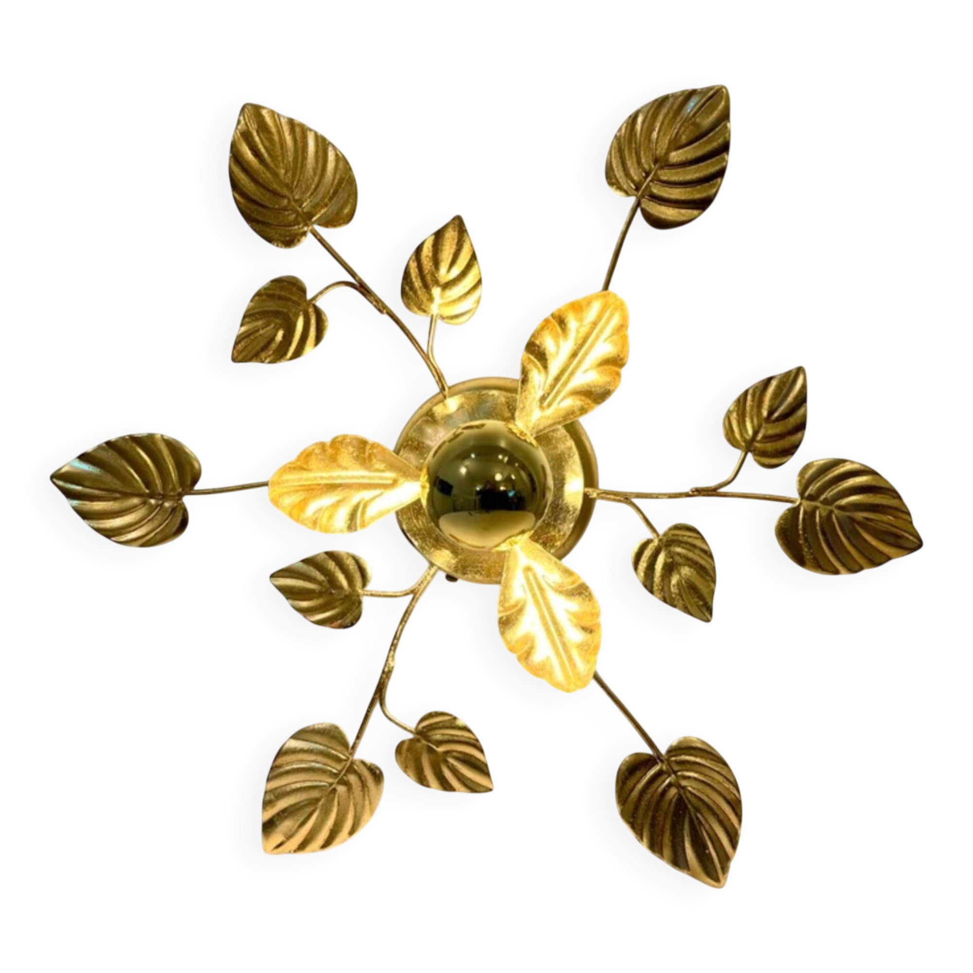 Vintage 1970s - 80s gold leaf metal flower wall light