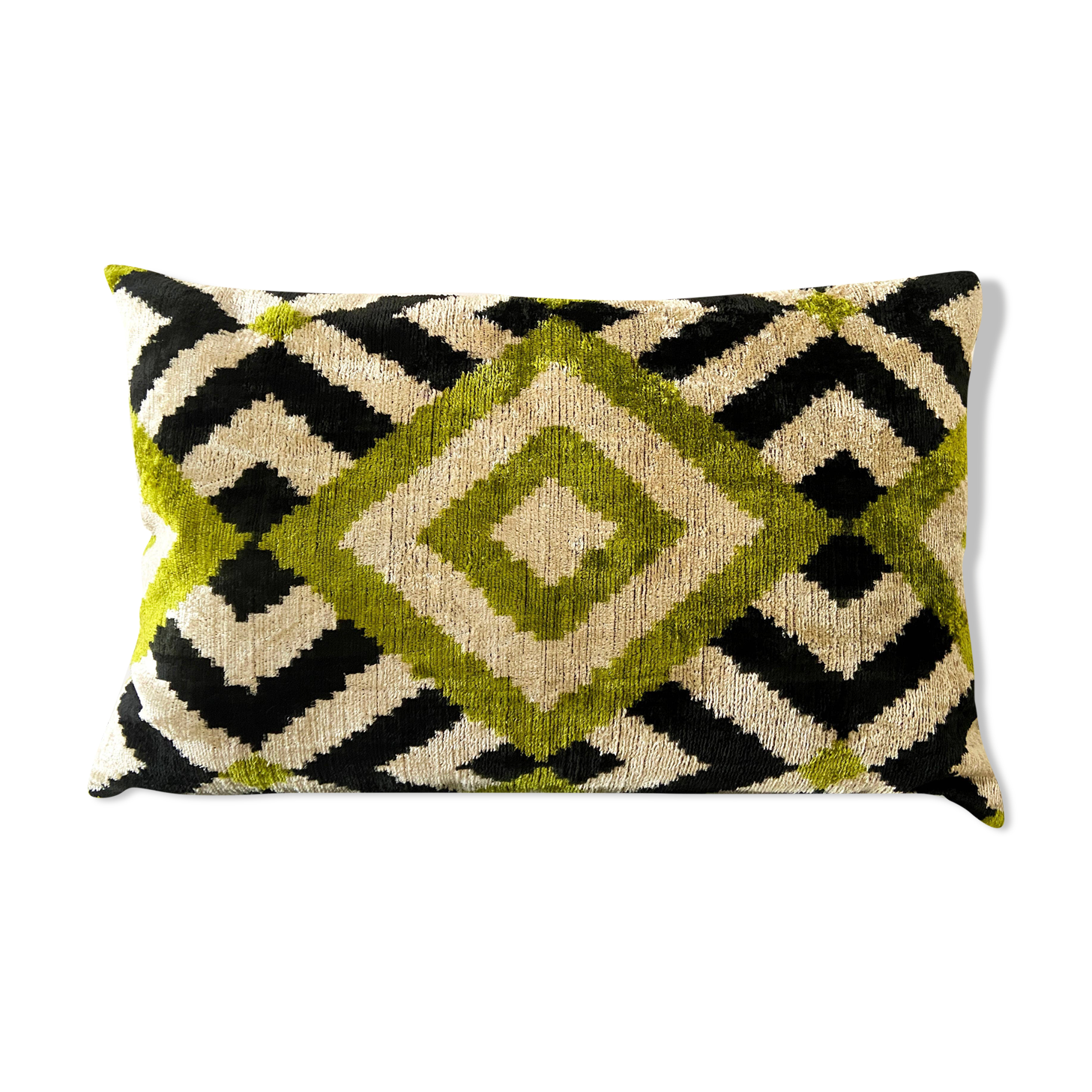 Velvet cushion Ikat green diamonds