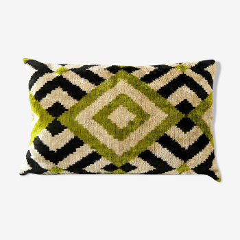 Velvet cushion Ikat green diamonds