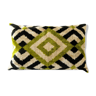 Velvet cushion Ikat green diamonds