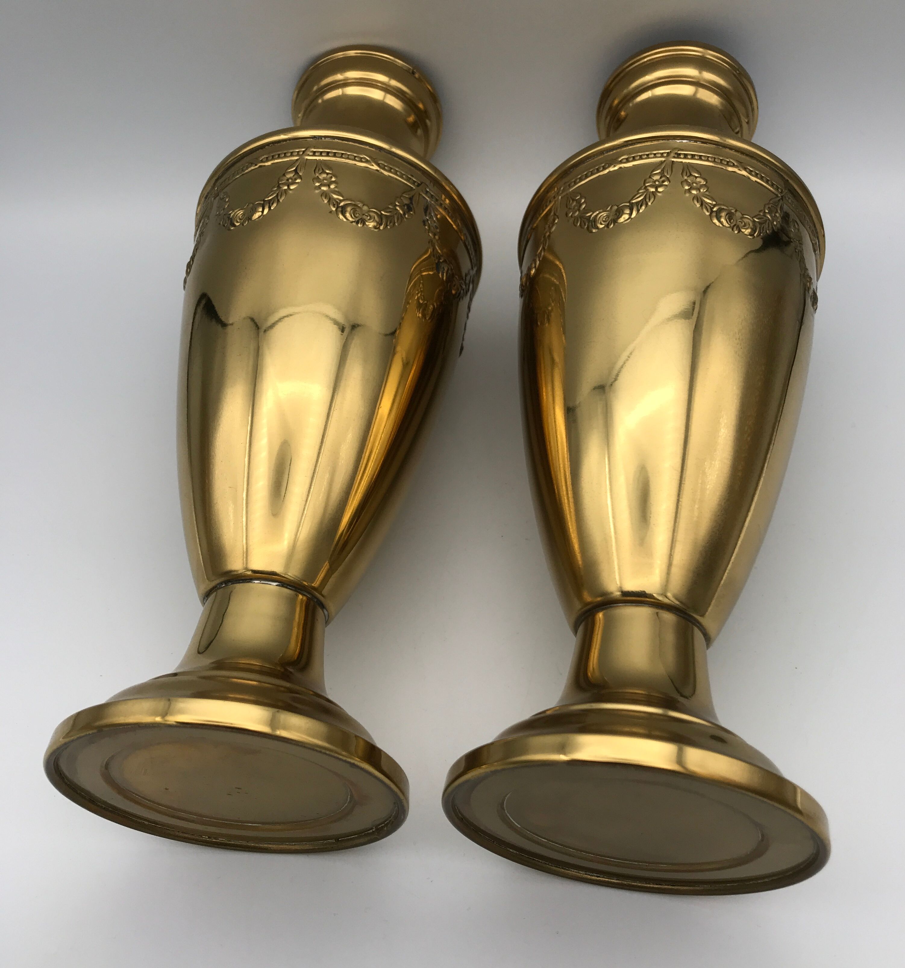 Pair of golden brass vases with floral frieze pattern 27.5 cm