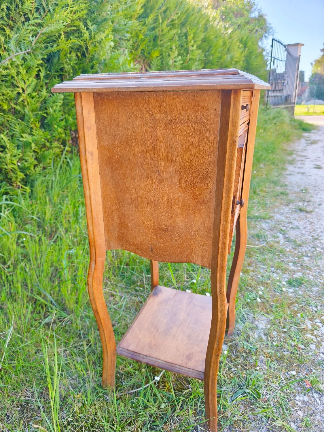 Louis XV style bedside table in wood veneer and marble