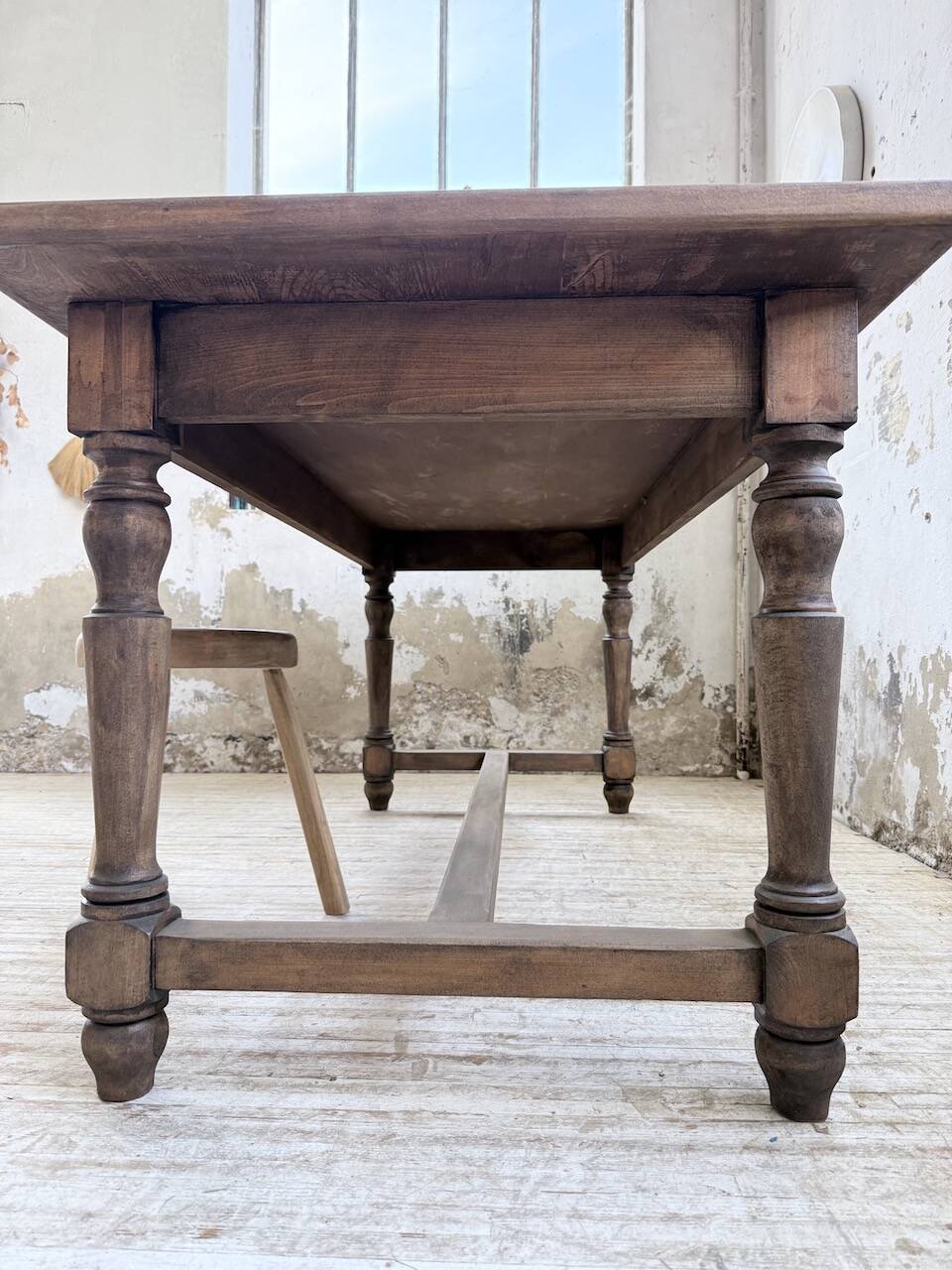 Farm table with turned legs, made of pine and birch, 180cm.