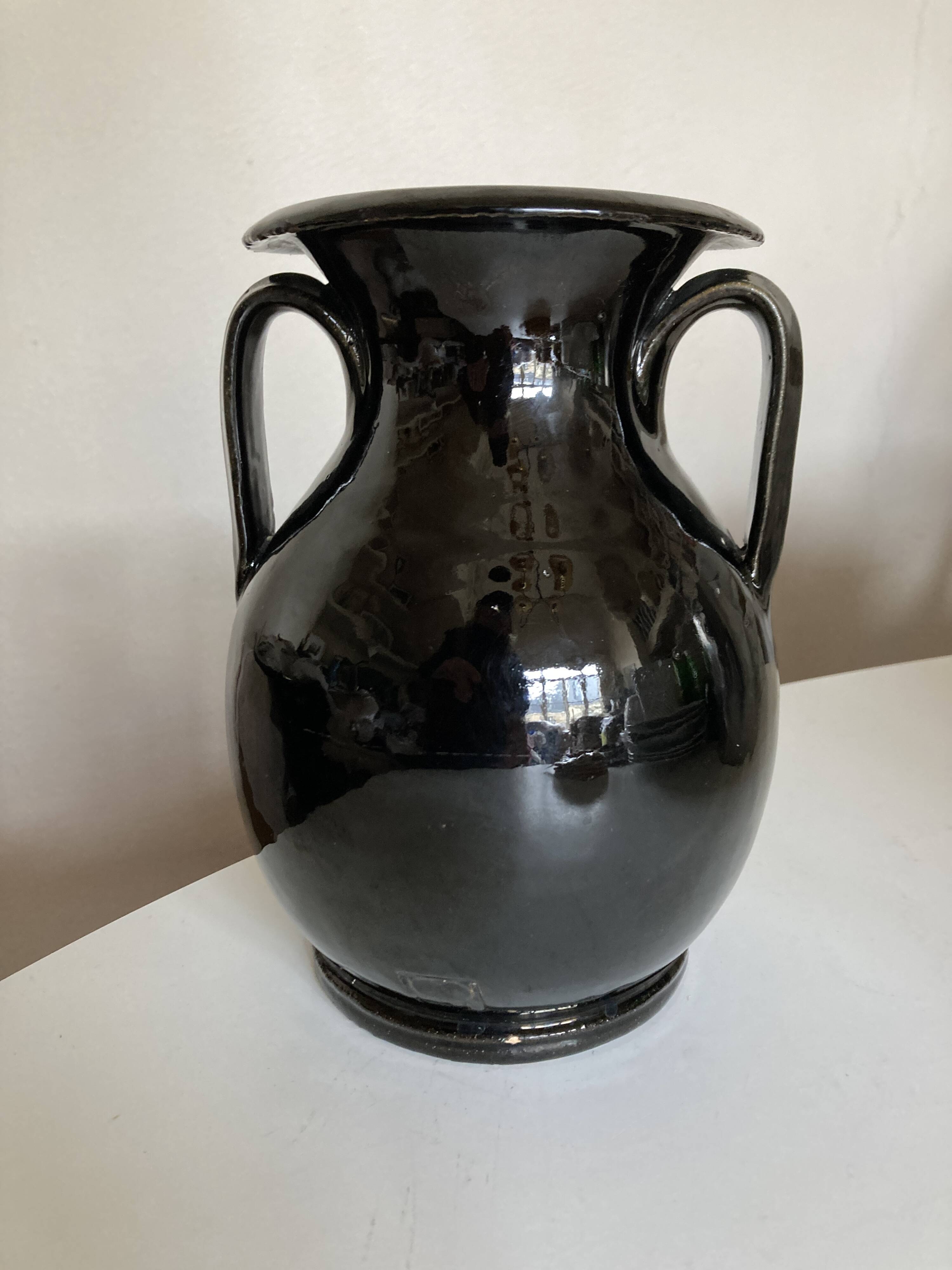 Neo-classical urn vase in black Biot glazed earth 1960
