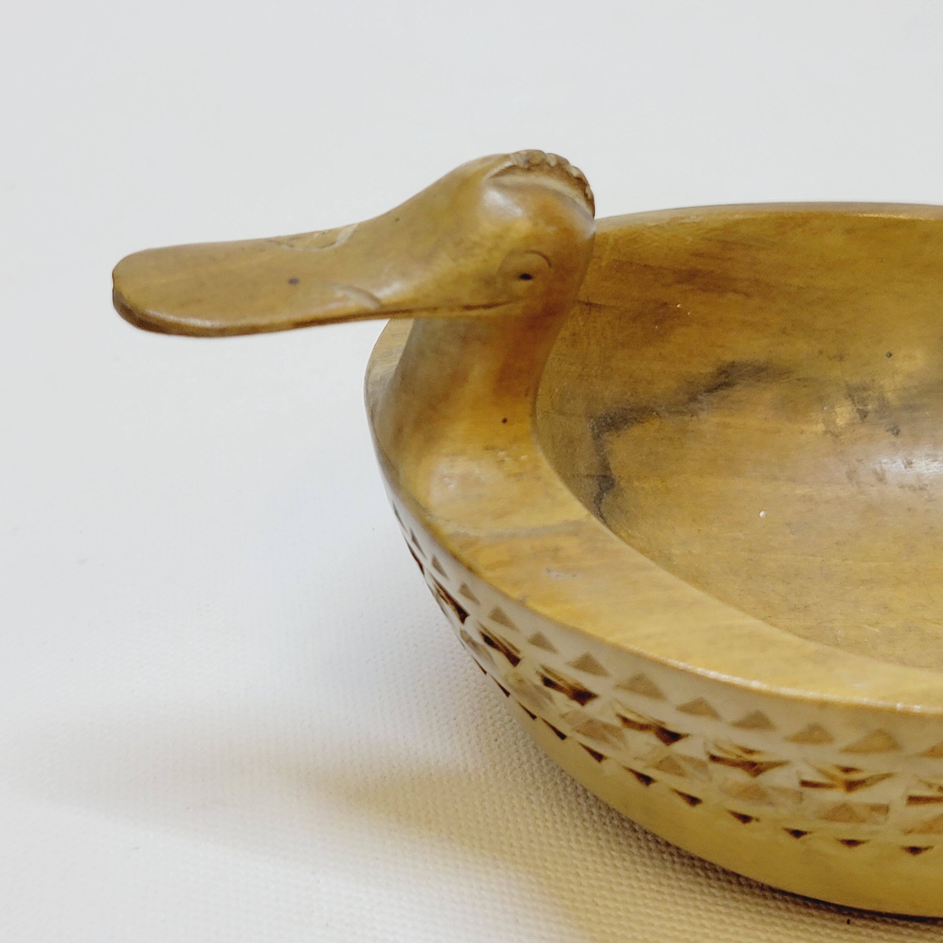 Scandinavian Duck Shaped Carved Wooden Bowl Folk Art