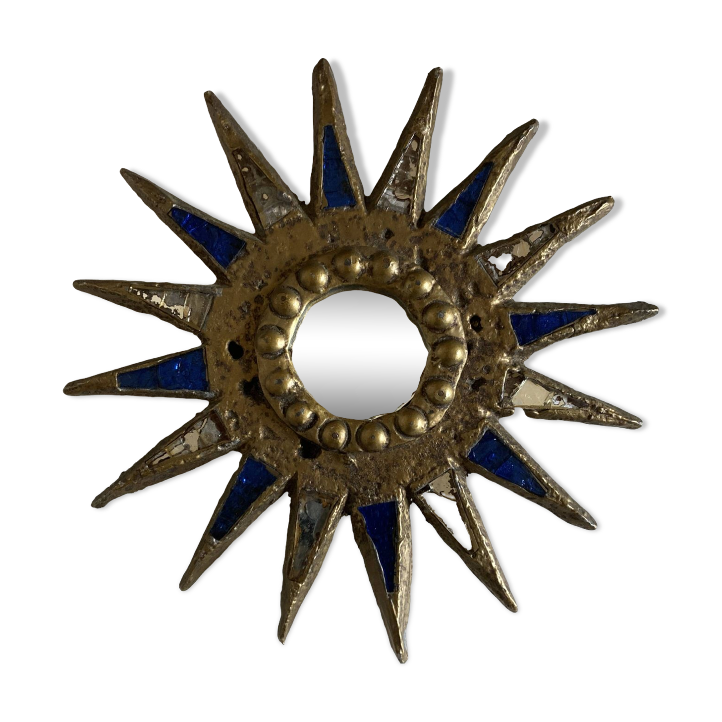 Sun mirror in gilded lead and blue glass Irena Jaworska 1960