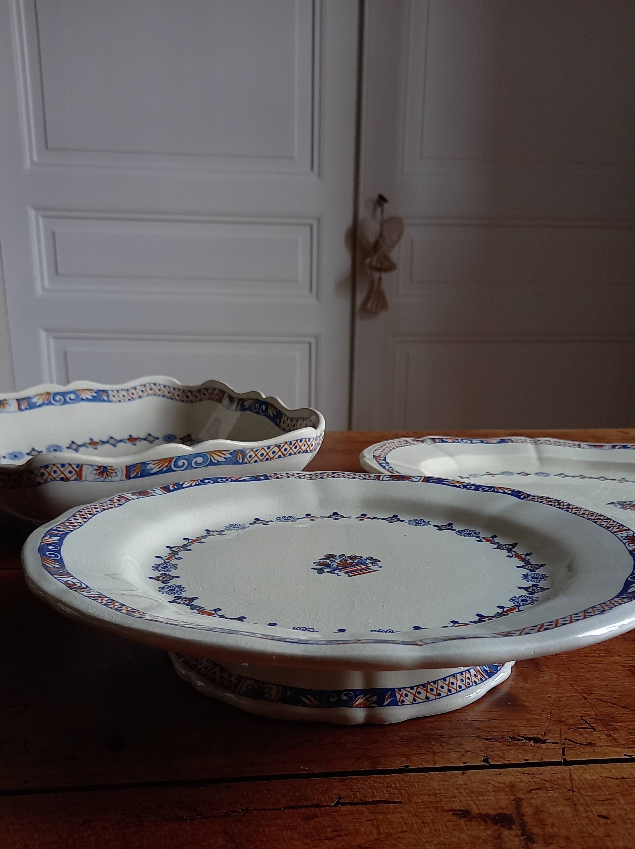 Old mounted plate, compotier in iron earthenware E. Bourgeois large deposit “Rouen XVIII”