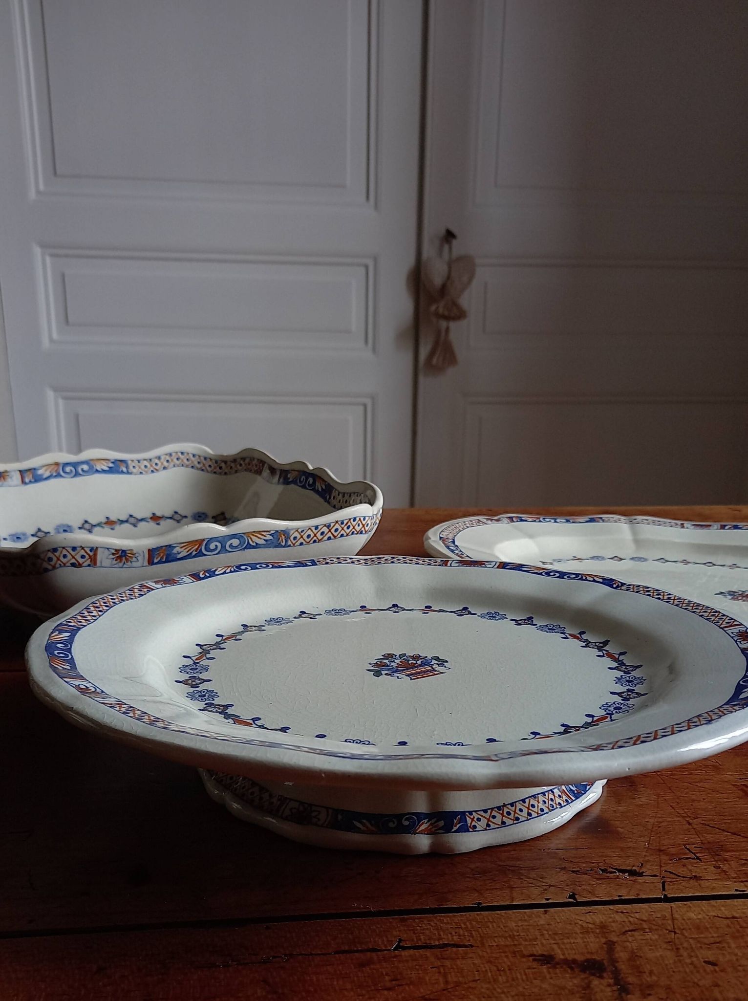 Old mounted plate, compotier in iron earthenware E. Bourgeois large deposit “Rouen XVIII”