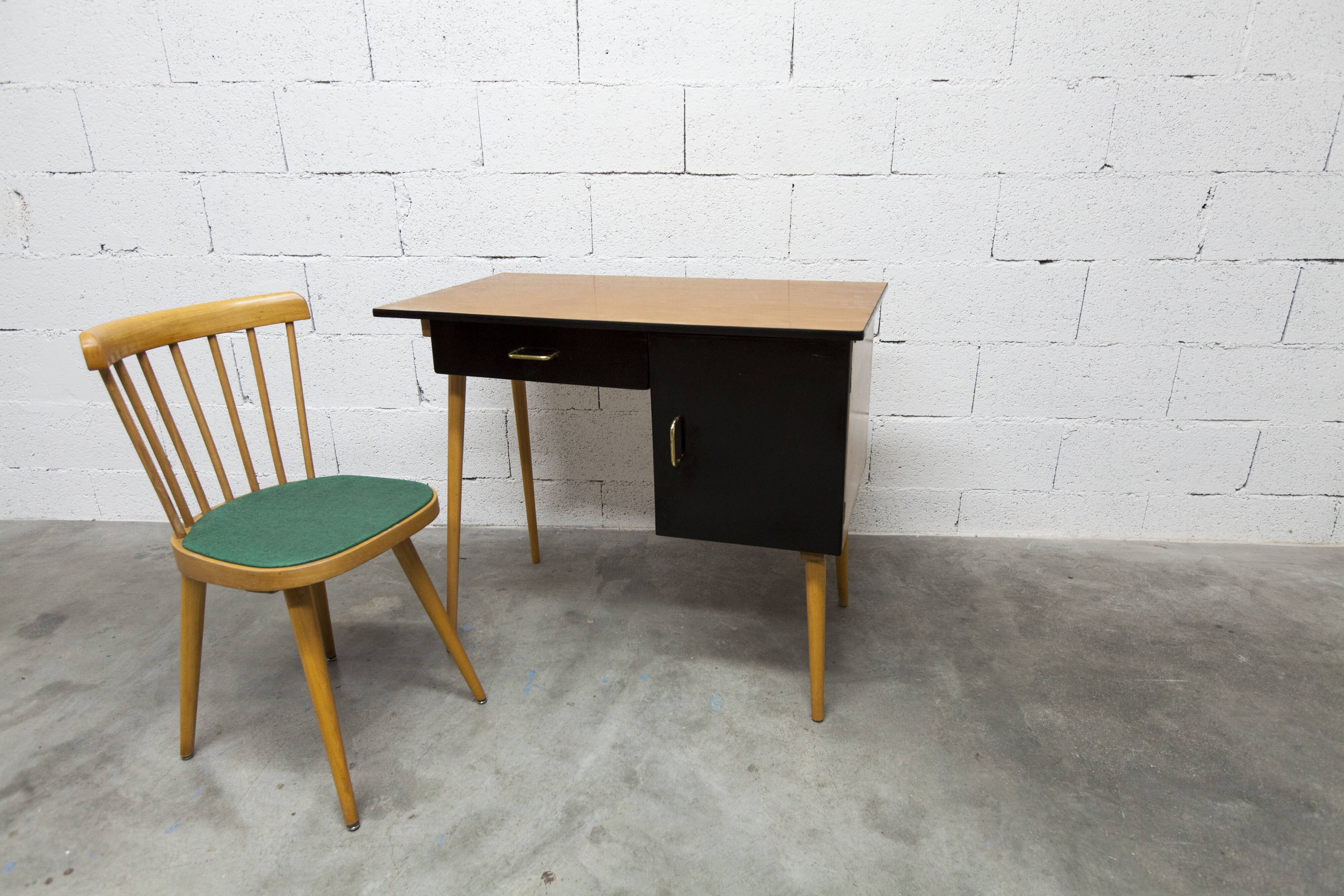 Baumann desk and chair, 1960s, Formica, wood and black, green seat
