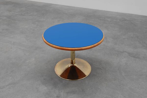 Table basse ronde à plateau bleu et pied tulipe, France vers 1960