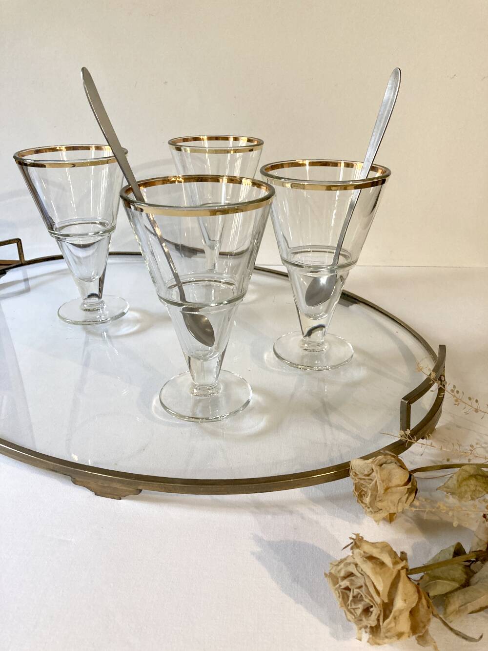 4 glass dessert bowls with gold rims, La Rochère, France