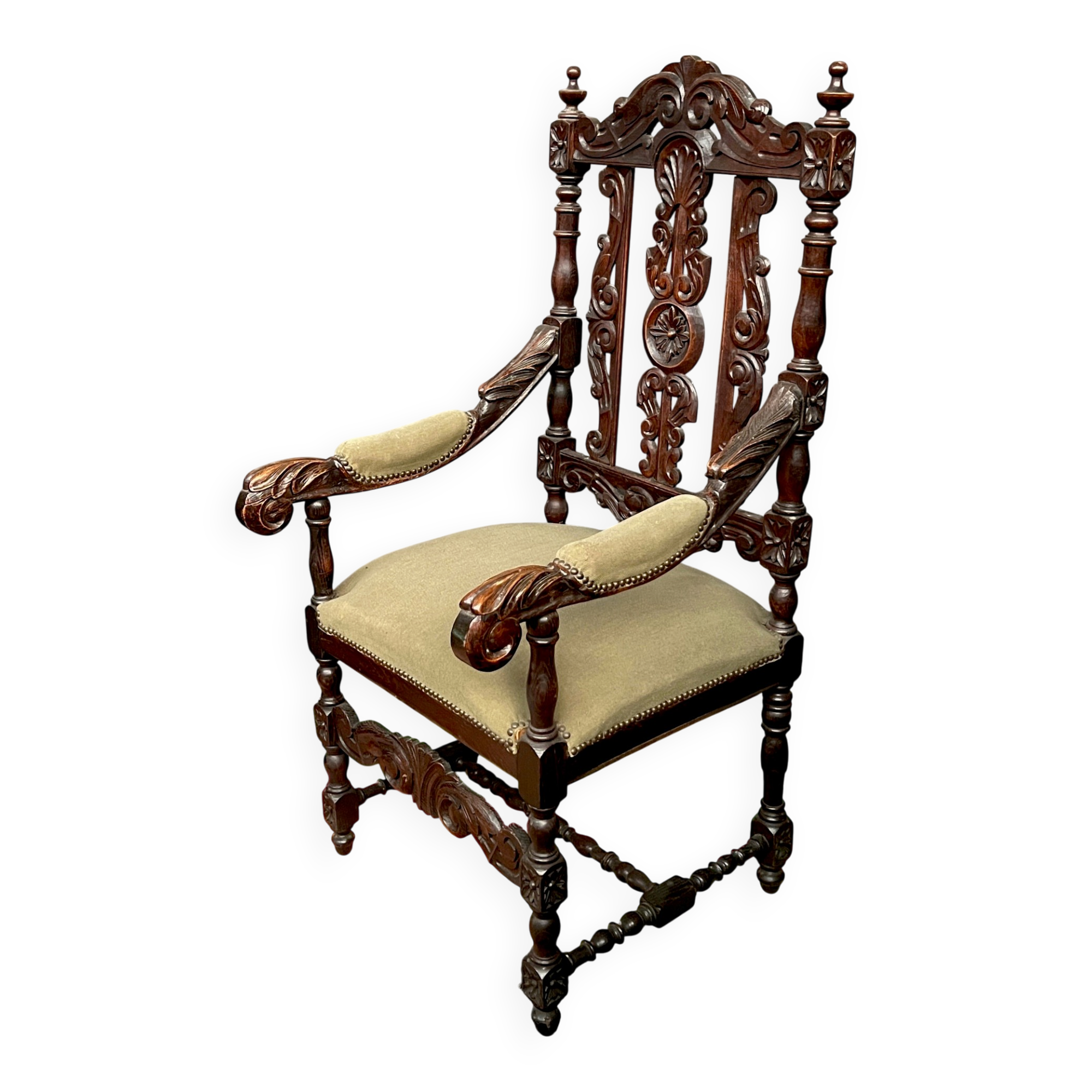 Renaissance-style oak armchair, hand-carved deep sculpture.