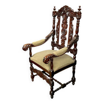 Fauteuil de style Renaissance en chêne, sculpture profonde faite à la main.