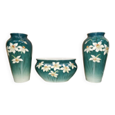 Pair of vases + art nouveau planter, barbotine de bruyn fives lille