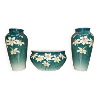 Pair of vases + art nouveau planter, barbotine de bruyn fives lille