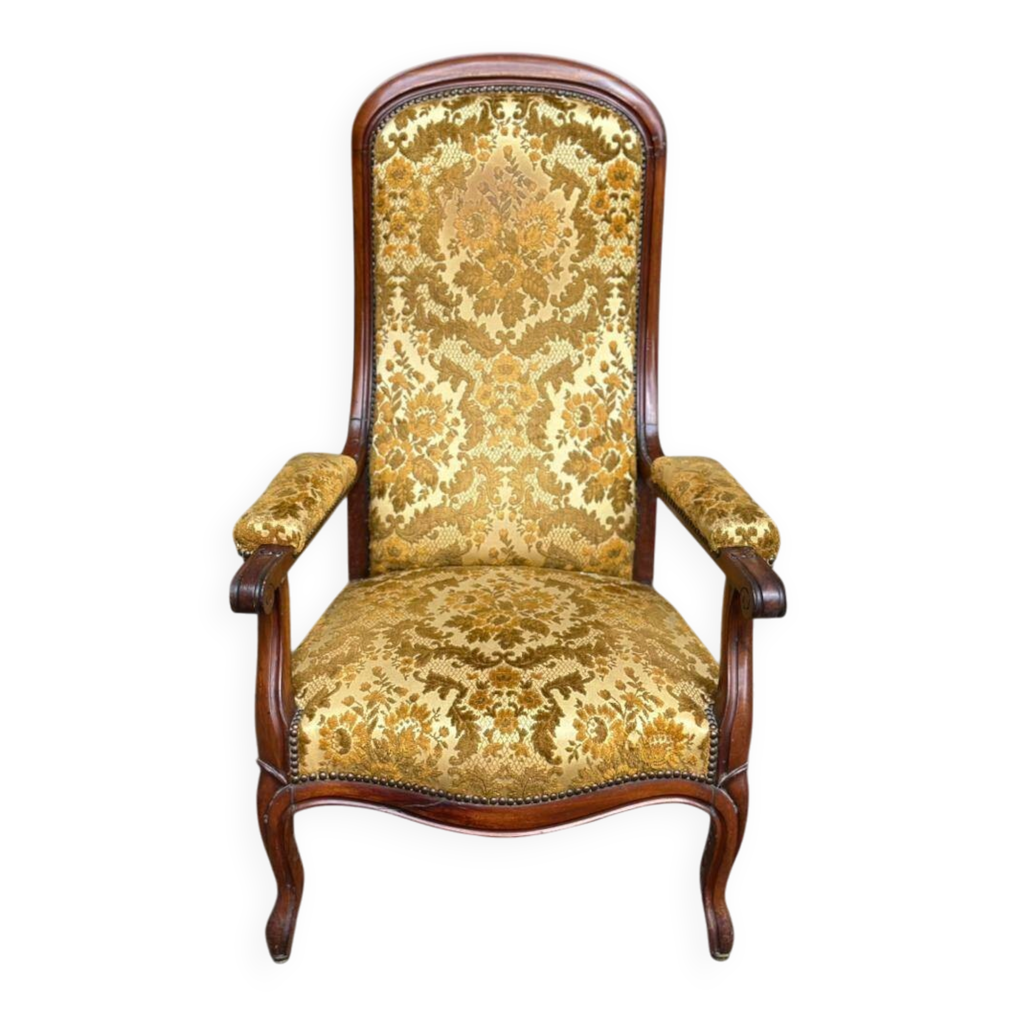 Fauteuil voltaire style Louis XV en bois massif et velours fleuri jaune